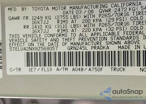 2008 Toyota Tacoma Base V6 from USA, damaged, VIN 5TELU42NX8Z568057
